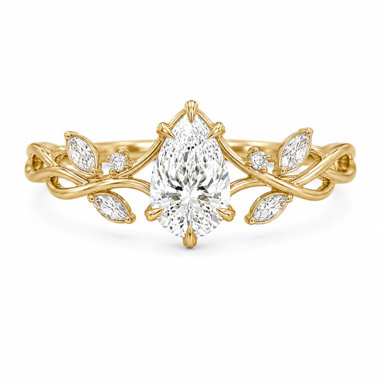 Anello di fidanzamento personalizzato a forma di edera, ispirato alla natura, con diamanti sintetici a taglio a pera da 1 a 3 carati, taglio a pera, in argento sterling placcato oro giallo.