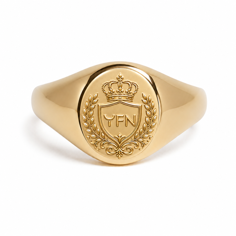 Bague chevalière ovale en or 18 carats pour homme, ornée d'un blason familial personnalisé et gravée en relief.-3