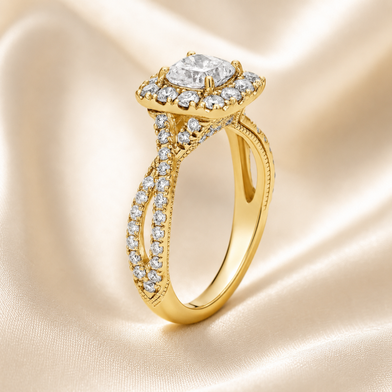 Verlobungsring aus Sterlingsilber mit gelbvergoldetem, 1 Karat kissenförmigem, im Labor gezüchtetem Diamanten und individuellem Halo-4