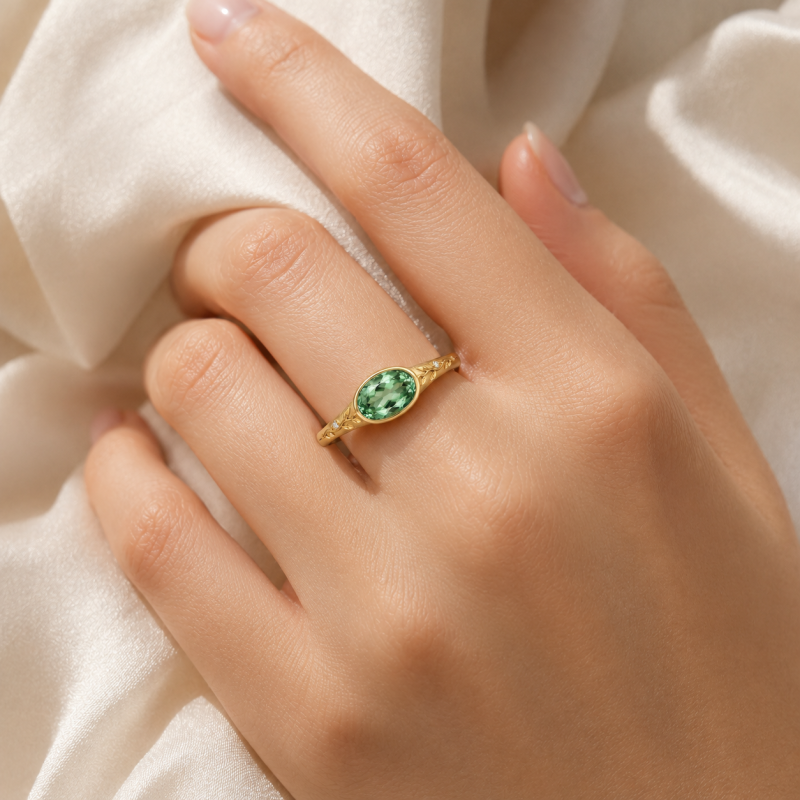 Bague de fiançailles est-ouest en or blanc 14 carats avec saphir vert ovale de 2 carats-2