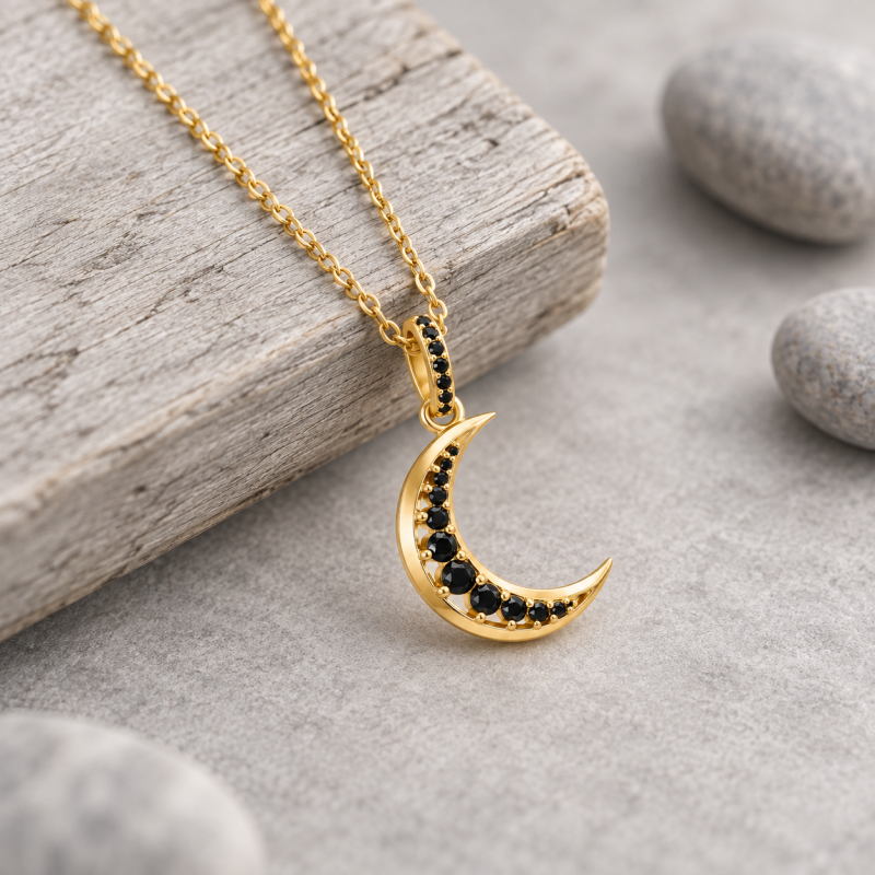 Collar con colgante de luna de cristal negro en oro de 14 quilates-5