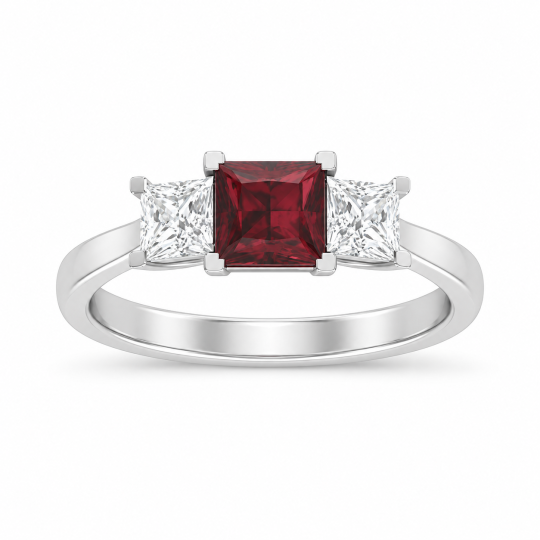 Individuell gefertigter Verlobungsring aus 14-karätigem Weißgold mit Prinzessschliff-Granat und im Labor gezüchteten Diamanten