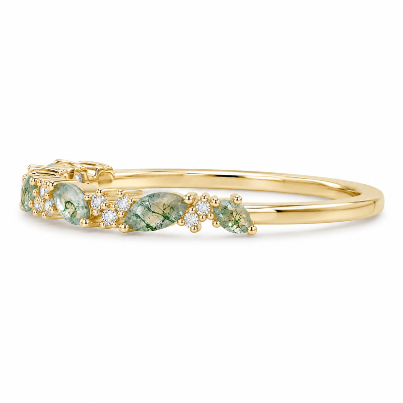 Ehering aus 14-karätigem Gold mit Marquise-Schliff, Moosachat und Moissanit-3