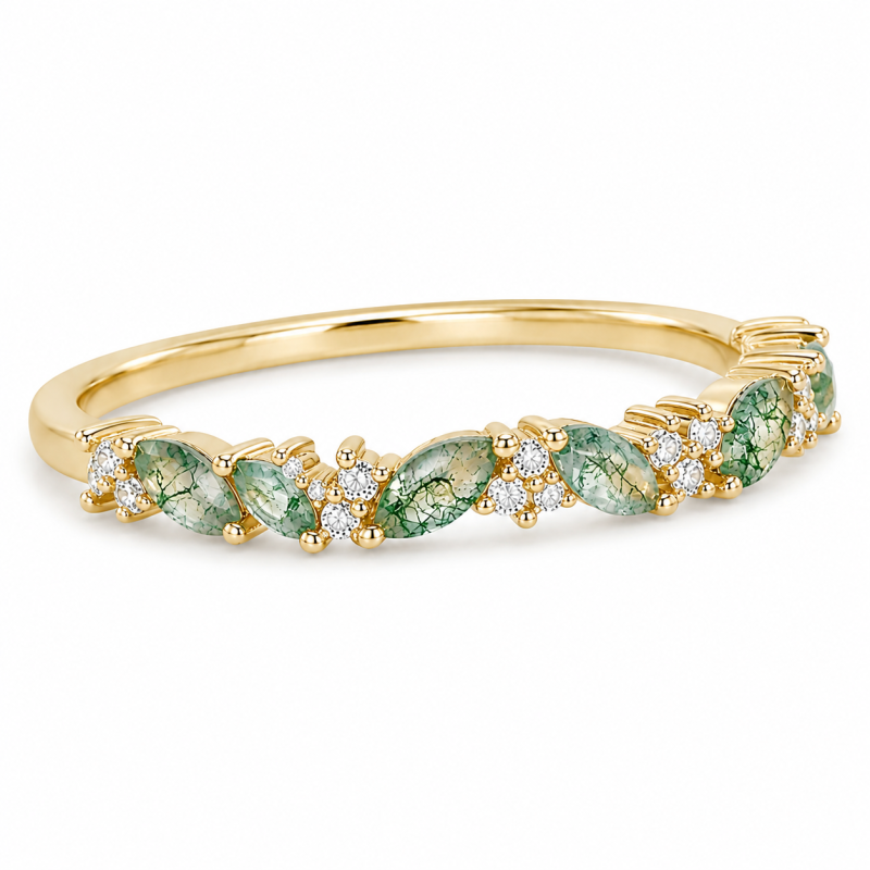 Ehering aus 14-karätigem Gold mit Marquise-Schliff, Moosachat und Moissanit-4
