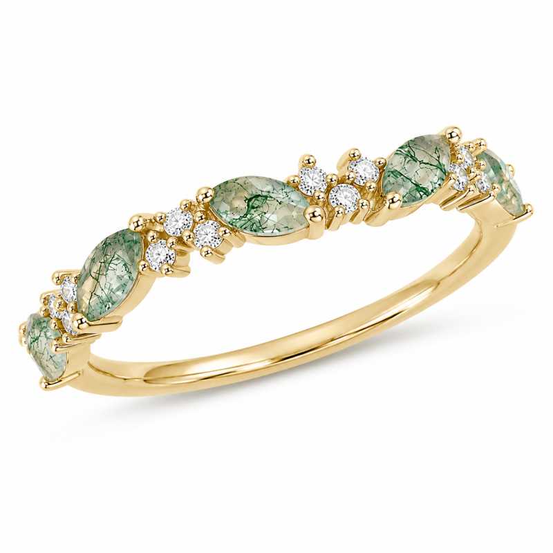 Ehering aus 14-karätigem Gold mit Marquise-Schliff, Moosachat und Moissanit-5