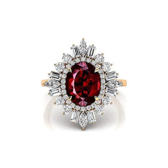 Vintage-Verlobungsring aus 14-karätigem Gold mit ovalem Granatschliff, im Labor gezüchteten Diamanten und individuellem Design