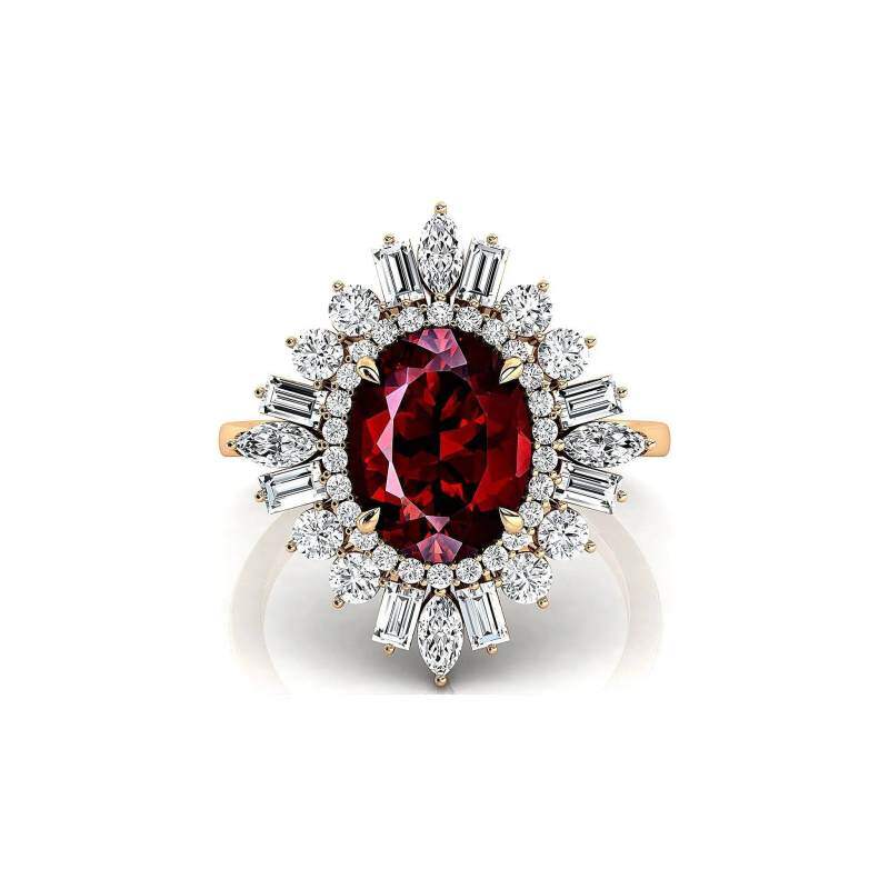 Anillo de compromiso vintage personalizado de oro de 14 quilates con granate ovalado y diamante cultivado en laboratorio.-6