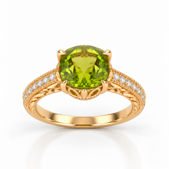 Vintage-Verlobungsring aus 14-karätigem Gold mit kissenförmigem Turmalin, im Labor gezüchteten Diamanten und individueller Perlenverzierung