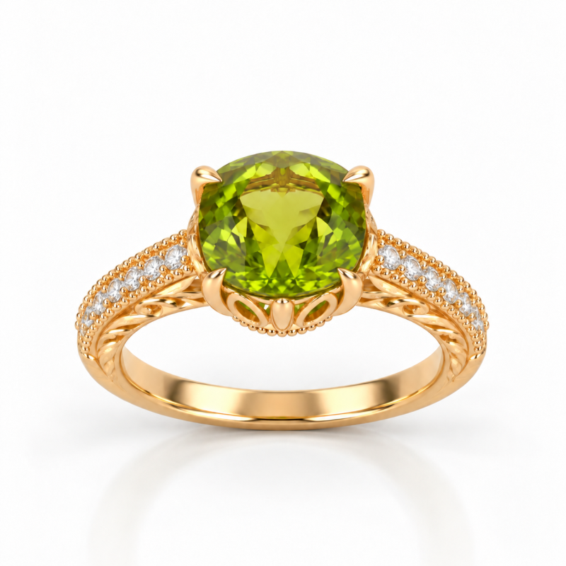 Anillo de compromiso vintage con banda personalizada de turmalina talla cojín y diamante cultivado en laboratorio, oro de 14 quilates.-10