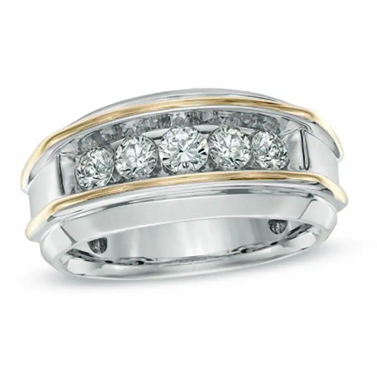 Alliance pour homme en diamants bicolores 10 carats et 1 carat, sertie de cinq pierres