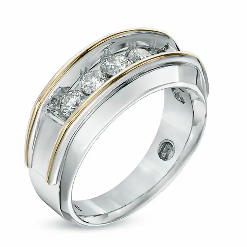 10K Two-Tone Gold Round Lab Created Diamond Five Stone Custom Wedding Ring for Men D VVS1-VS1-3