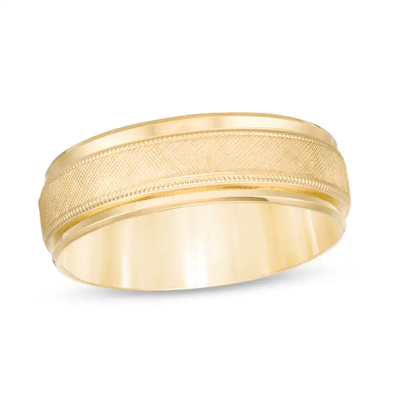 10K Gold 7.0mm Multi-Finish Center Stripe Beveled Edge Comfort-Fit Wedding Band for Men-1