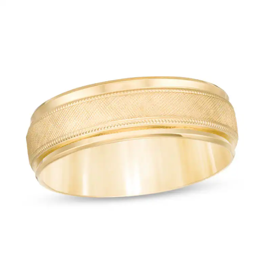 10K Gold 7.0mm Multi-Finish Center Stripe Beveled Edge Comfort-Fit Wedding Band for Men