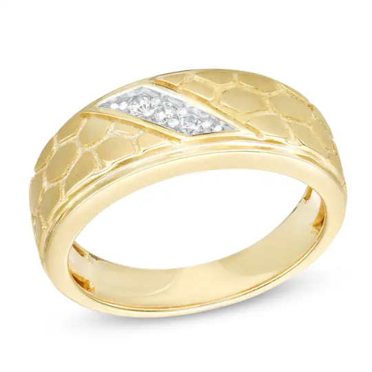 Aliança de casamento em ouro 10K 1/10 CT com diamante em formato circular e três pedras pepitas para homens