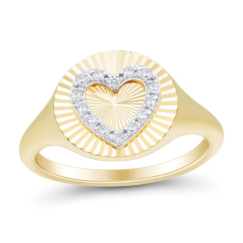 10K Gold 1/10 CT Diamond Custom Heart Sunburst Signet Band-1