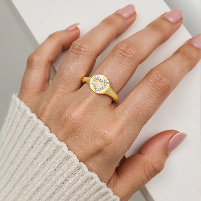 10K Gold Round Shaped & Heart Shaped Diamond Custom Couple & Heart Signet Ring I Color I2 Clarity 3EX IGI Certified-2