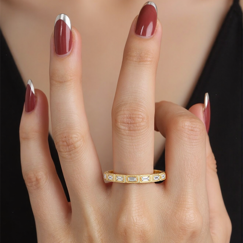 Anel empilhável personalizado de diamante em baguete de ouro 10K, cor J, clareza I3, certificado IGI 3EX-2