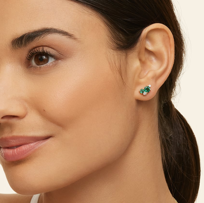 10K White Gold 0.16 CT.T.W. Emerald & Diamond Foliage Bouquet Earrings-2