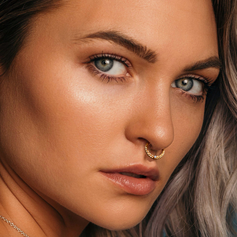 Złoty pierścień do nosa z cyrkonii w kształcie pszenicy, 18K-3