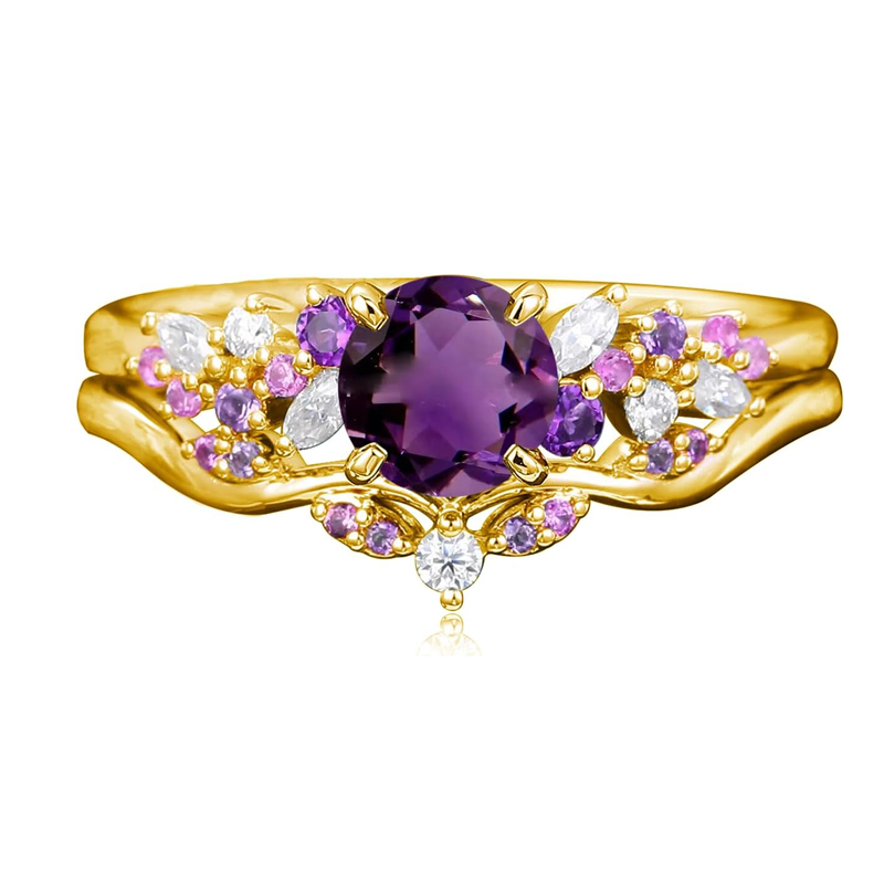 10K Gold 1CT Round Cut Gemstone Ivy Custom Bridal Set Vintage Promise Anniversary Ring Set-10