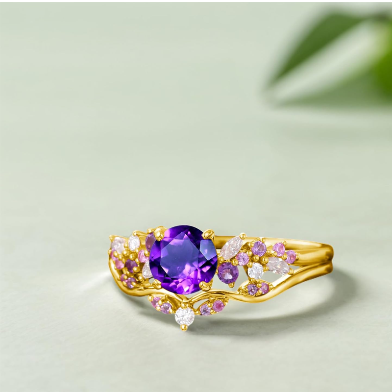 Ensemble de bagues de fiançailles sur mesure en or rose 10 carats avec pierre précieuse ronde de 1 carat, motif lierre, style vintage, promesse et anniversaire.-3