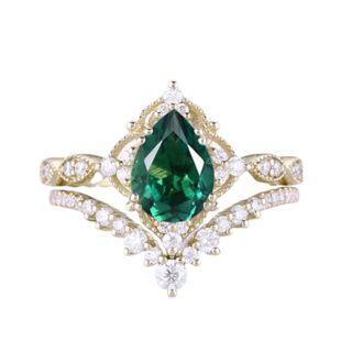 10K Gold 1-1/2 Carat Pear Shaped Emerald Personalized Engraving & Couple Engagement Ring-4