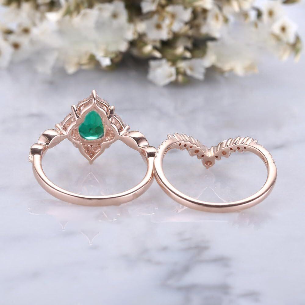 10K Gold 1-1/2 Carat Pear Shaped Emerald Personalized Engraving & Couple Engagement Ring-2