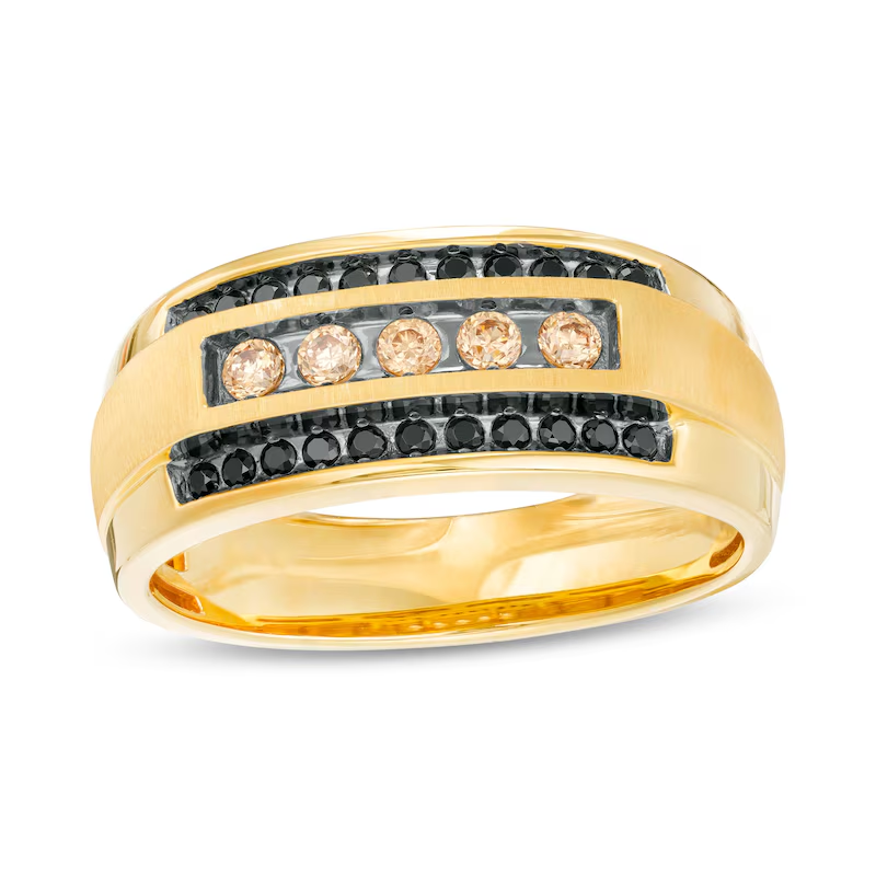 Anillo de bodas personalizado de oro de 10 quilates con triple fila de diamantes negros y champán de 1/2 quilates para hombres-1