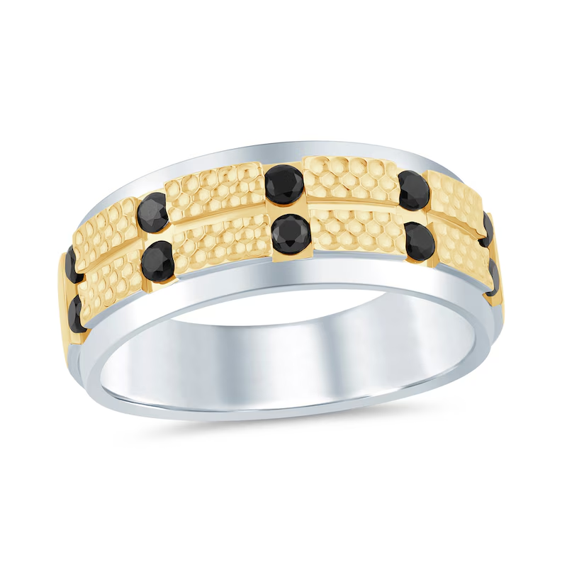 18K Gold 1/2 CT Black Diamond Two-Toned Custom Engraving Beaded Band for Men-1