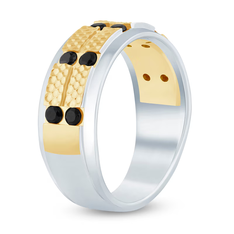 18K Gold 1/2 CT Black Diamond Two-Toned Custom Engraving Beaded Band for Men-3