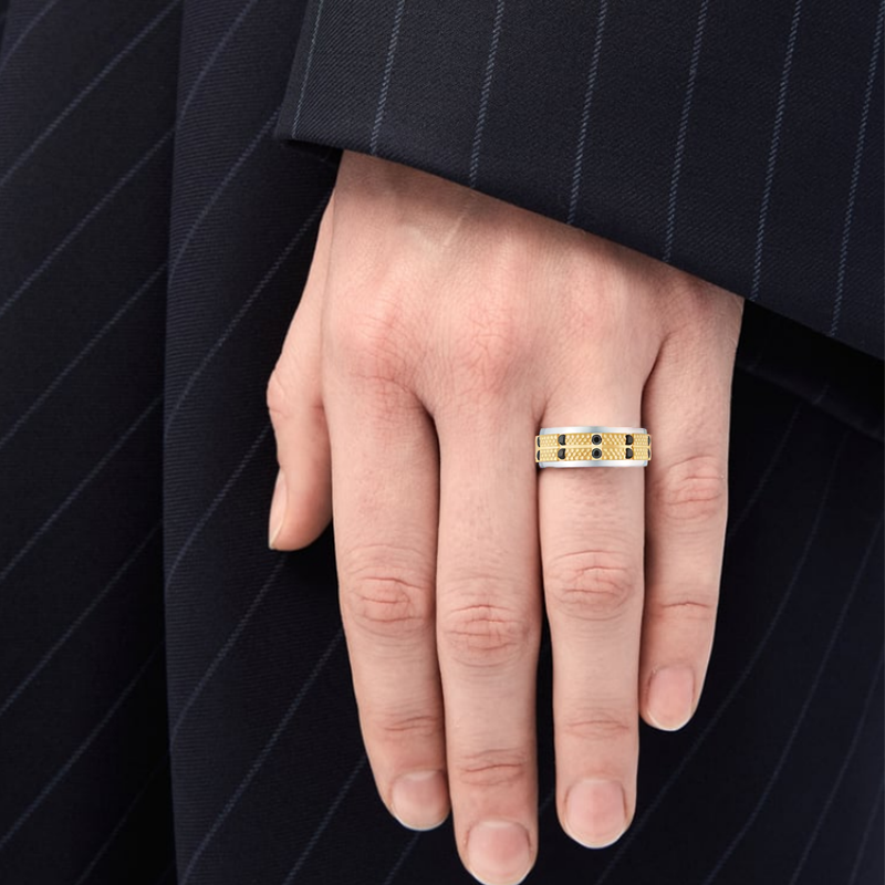 Anel em ouro 10K com diamante redondo, personalizado, gravado, para homem, cor preta, clareza I3, certificado IGI 3EX-2