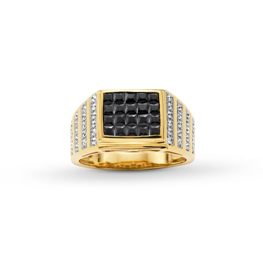 Bague en or 10 carats avec diamants noirs taille princesse et plusieurs rangées de diamants sur le dessus, de 1 1/2 ct, pour homme