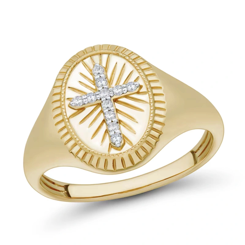 10K Gold Round Shaped Diamond Custom Cross Signet Ring I Color I2 Clarity 3EX IGI Certified-3