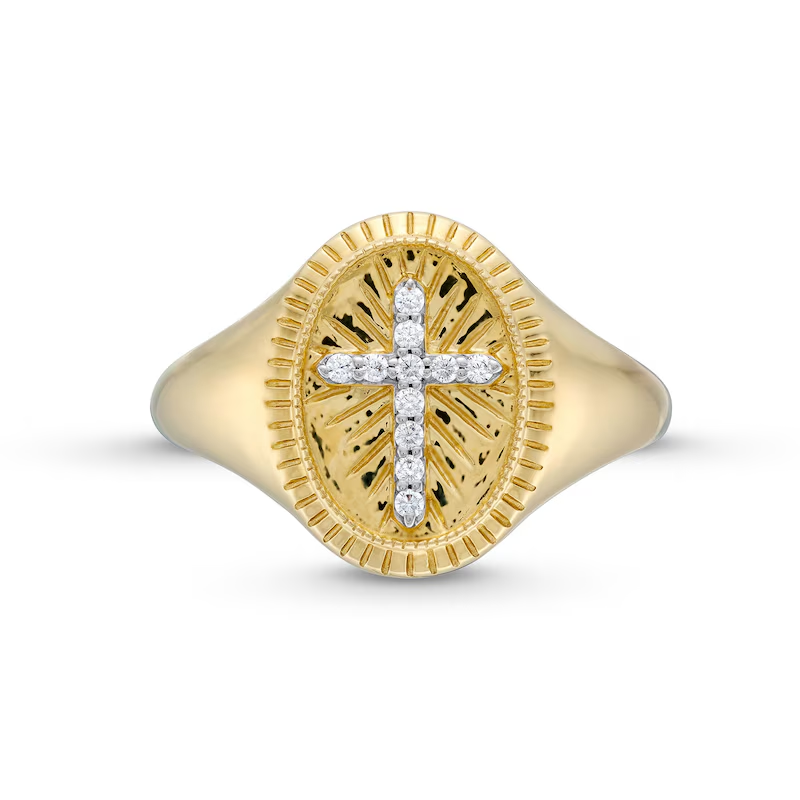 Anillo de sello de cruz personalizado con diamantes redondos en oro de 10 quilates, color I, claridad I2, 3EX, certificado IGI-3