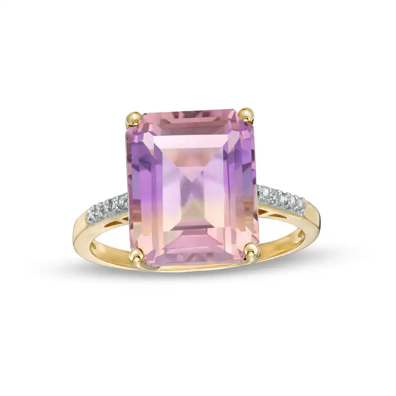 10K Gold Emerald-Cut Ametrine and 1/20 CT Diamond Custom Engraving Couple Wedding Ring-1