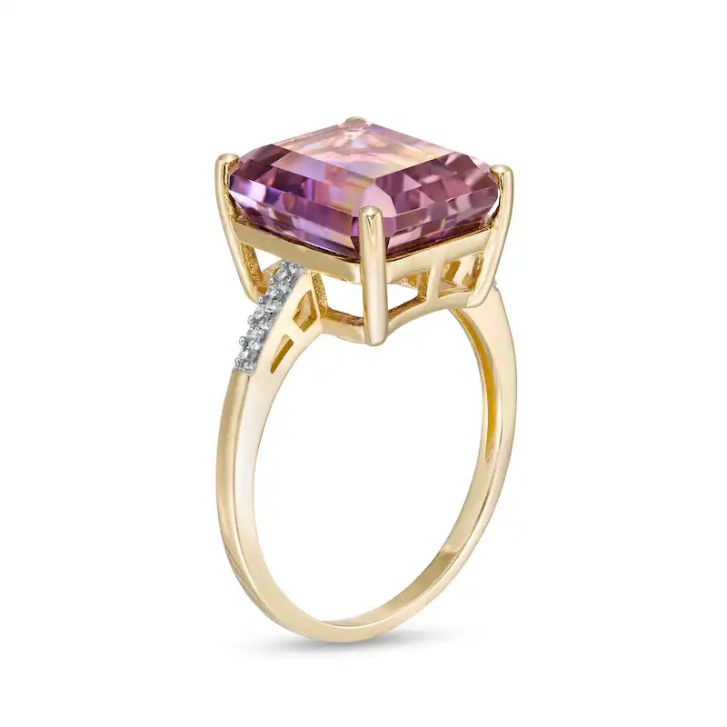 10K Gold Emerald-Cut Ametrine and 1/20 CT Diamond Custom Engraving Couple Wedding Ring-3