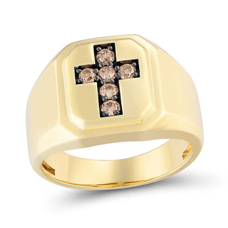 10K Gold 1/3 CT Champagne Diamond Cross Octagon Signet Custom Band for Men-1