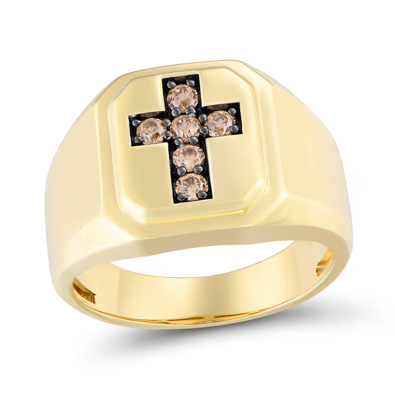 10K Gold Round Cut Diamond Cross Signet Ring for Men Champagne & M Color I2 Clarity 3EX IGI Certified-1