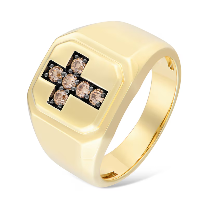 10K Gold 1/3 CT Champagne Diamond Cross Octagon Signet Custom Band for Men-2