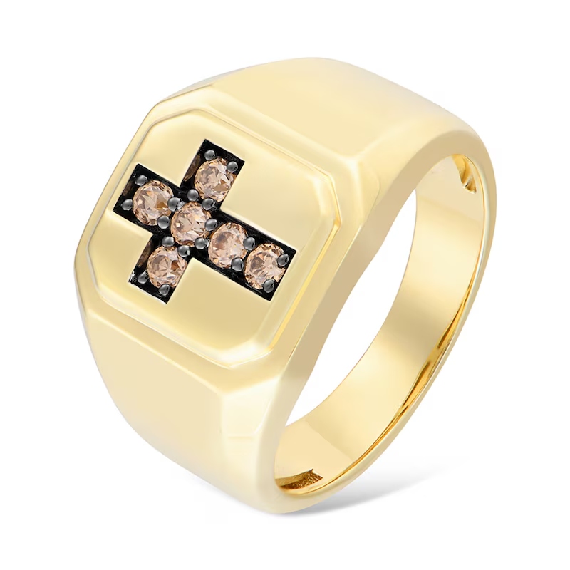 10K Gold Round Cut Diamond Cross Signet Ring for Men Champagne & M Color I2 Clarity 3EX IGI Certified-3