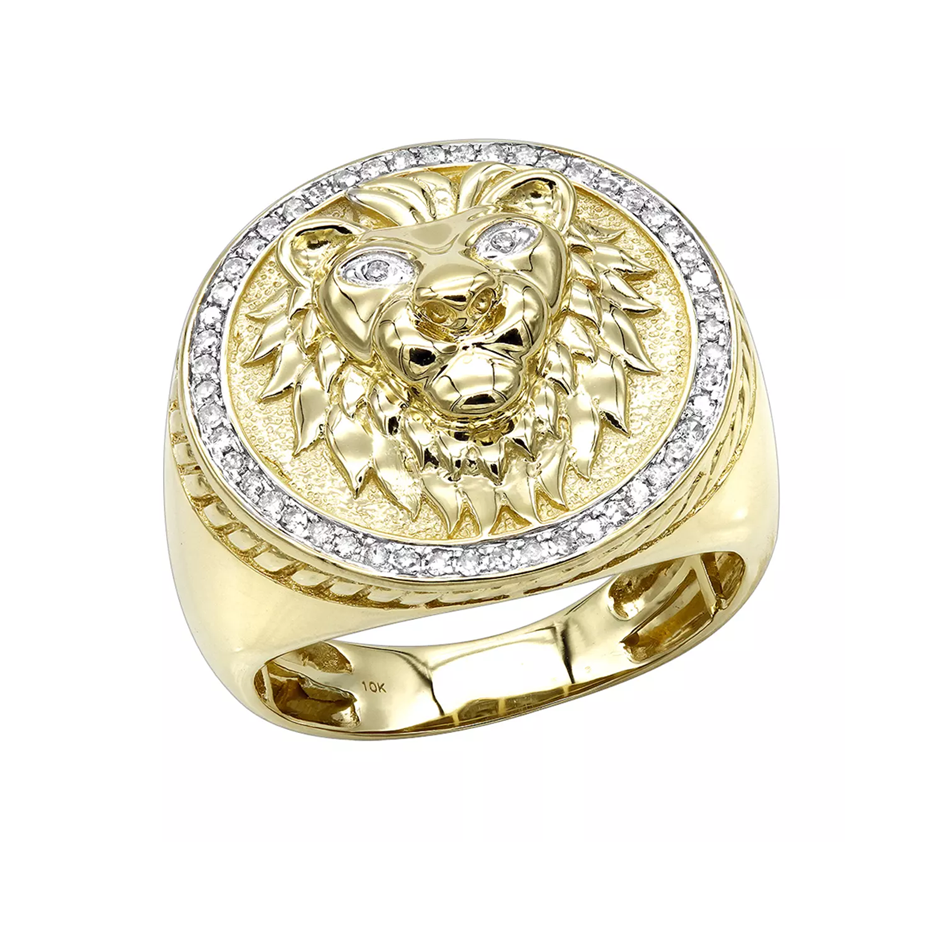 10K Gold 0.3 CT.T.W. Round Cut Diamond Lion Signet Ring for Men-1