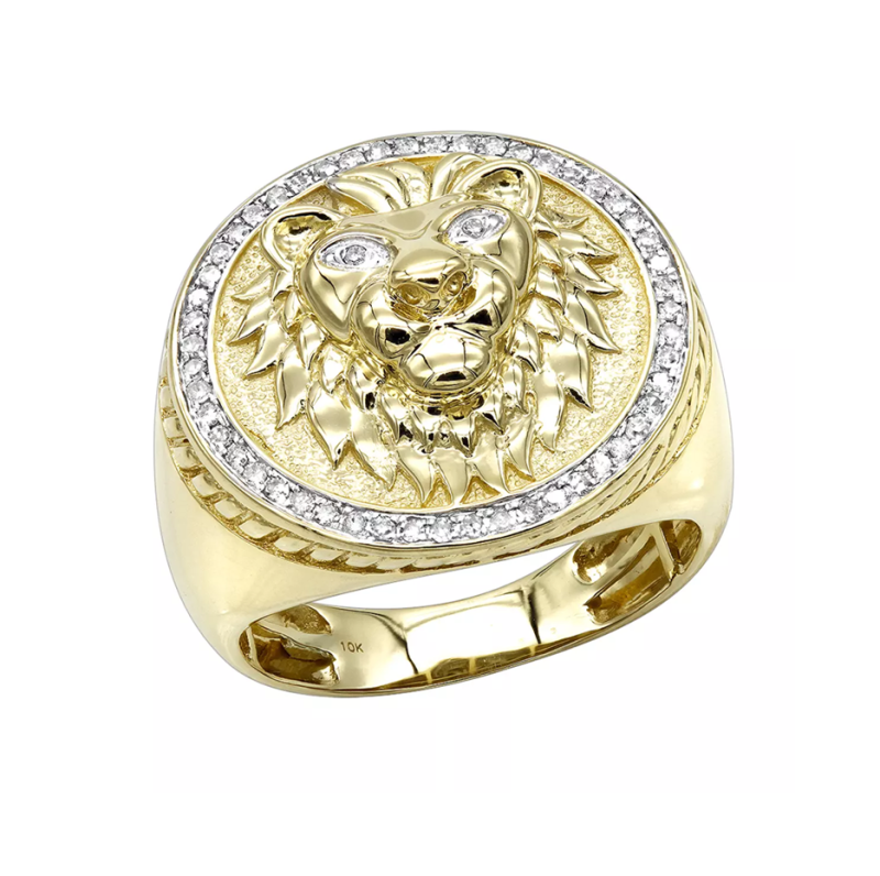 10K Gold 0.3 CT.T.W. Round Cut Diamond Lion Signet Ring for Men-2