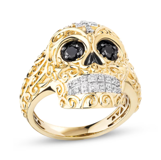 10K Gold 0.38 CT.T.W. Black & White Diamond Skull Cross Headpiece Decorative Swirls Shank Ring for Men-10