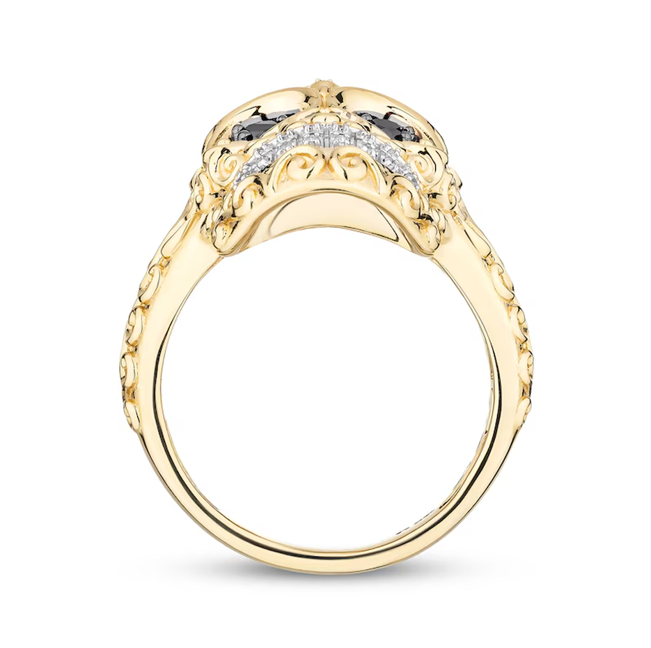 10K Rose Gold 0.38 CT.T.W. Black & White Diamond Skull Cross Headpiece Decorative Swirls Shank Ring for Men-2