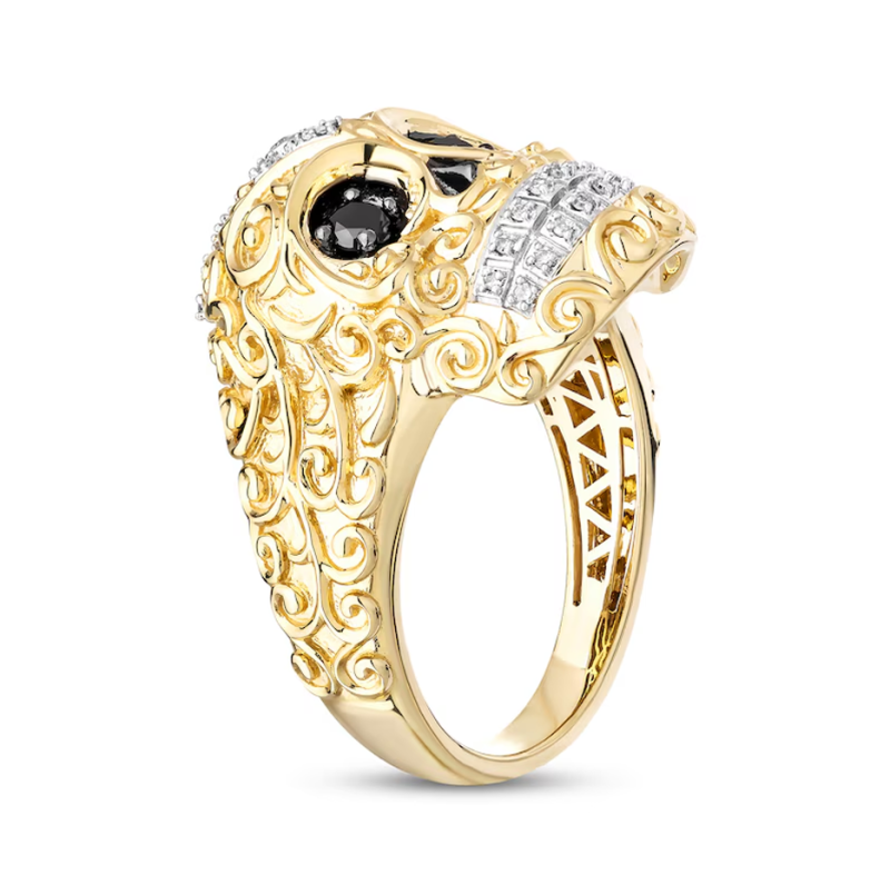 10K Gold 0.38 CT.T.W. Black & White Diamond Skull Cross Headpiece Decorative Swirls Shank Ring for Men-3