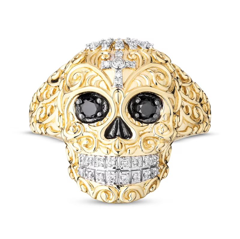10K Gold 0.38 CT.T.W. Black & White Diamond Skull Cross Headpiece Decorative Swirls Shank Ring for Men-4