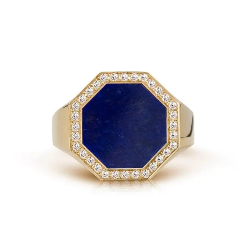 10K Gold Cubic Zirconia & 3CT Lapis Lazuli Personalized Classic Name Ring for Men-1