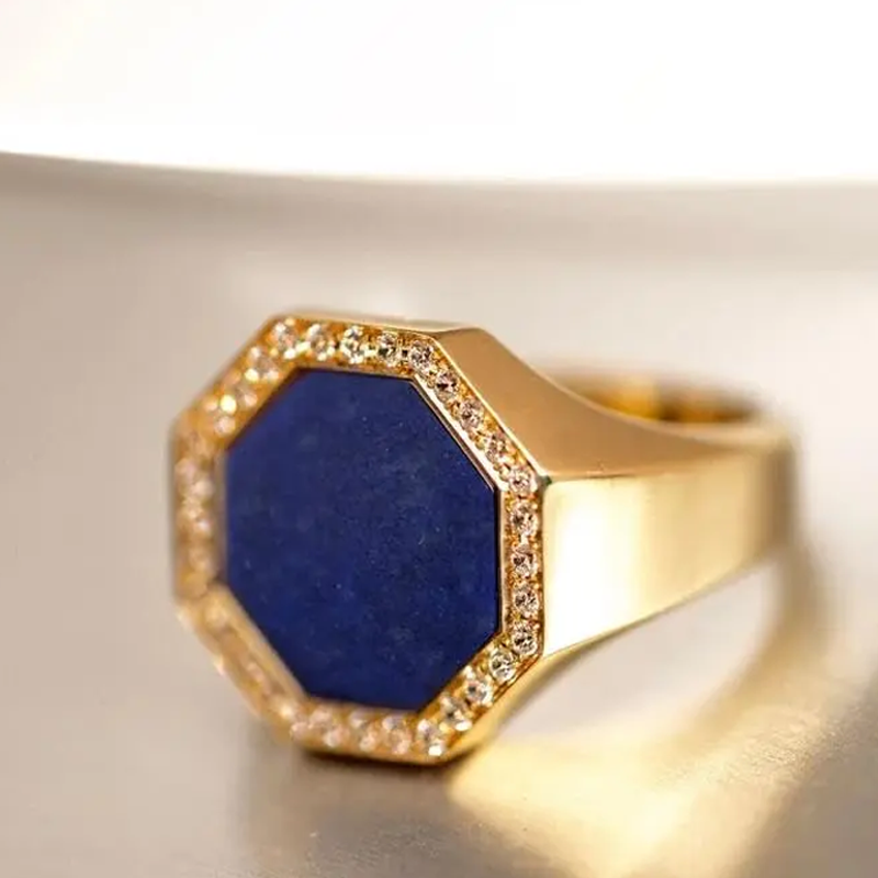 10K Gold Cubic Zirconia & 3CT Lapis Lazuli Personalized Classic Name Ring for Men-2