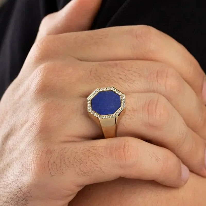 10K Gold Cubic Zirconia & 3CT Lapis Lazuli Personalized Classic Name Ring for Men-3