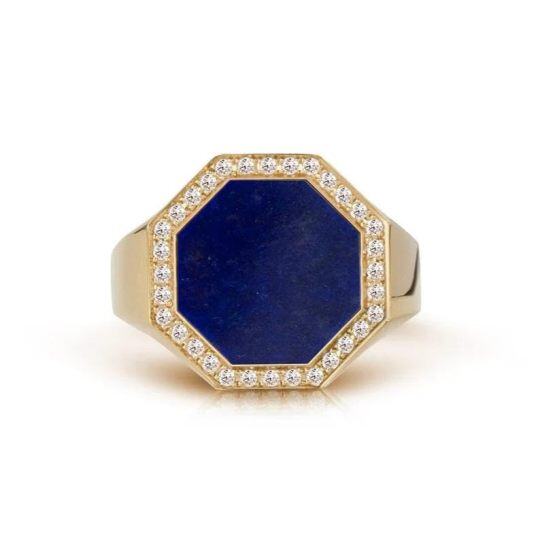 10K Gold Cubic Zirconia & 3CT Lapis Lazuli Personalized Classic Name Ring for Men